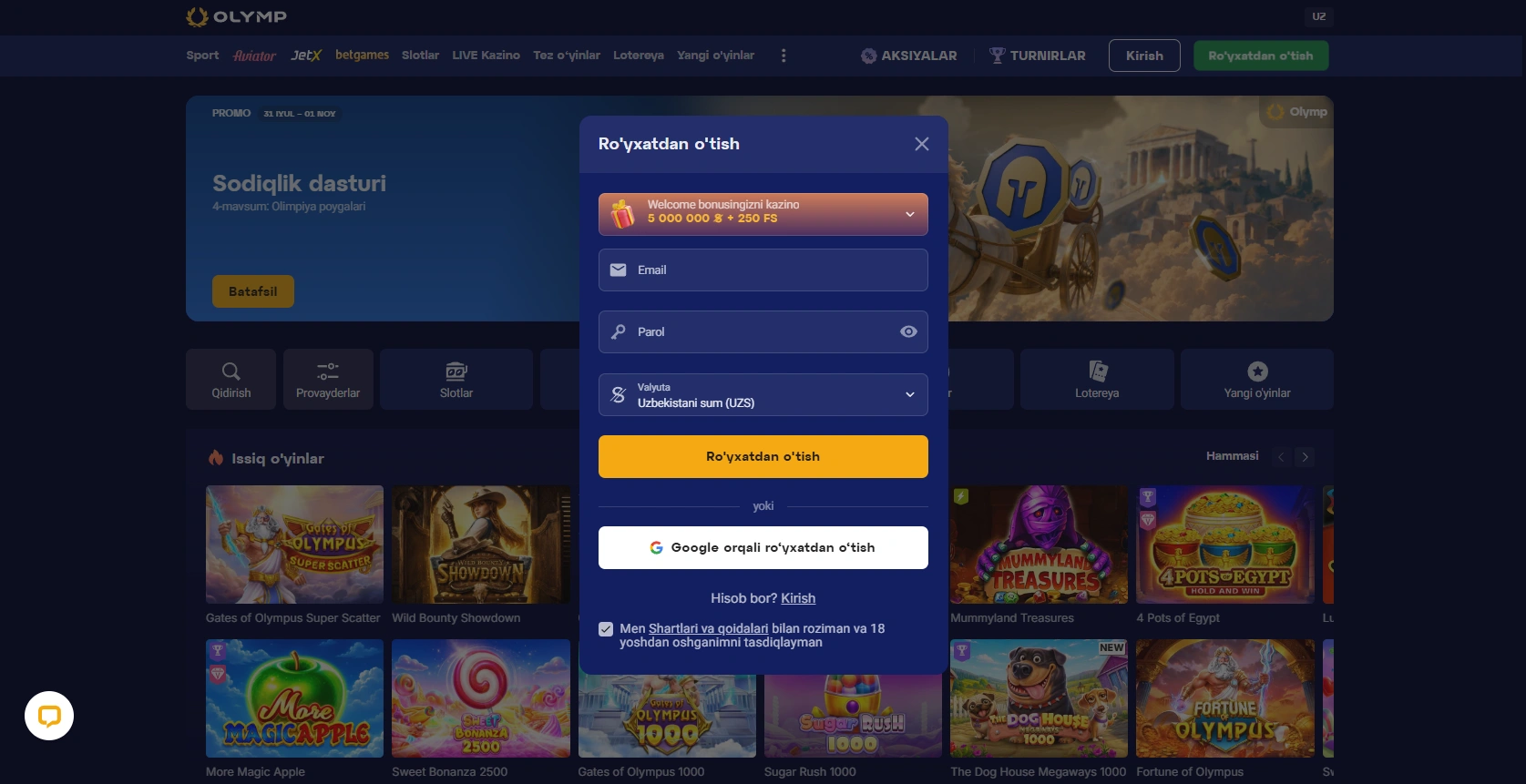 Olymp Casino’da ro‘yxatdan o‘tish va hisobga kirish